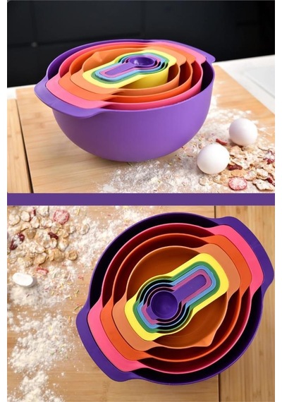 Flora Easy Mix Karıştırma Kabı Seti 9 Parça- Ölçü Kaşığı Ve Süzgeçli Hazırlık Set Mor Çok Renkli