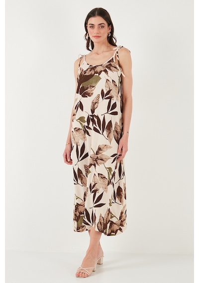 Lela Desenli Oversize Fit Bağlamalı Ip Askılı Yuvarlak Yaka Midi Boy Bayan Elbise 5869022 Camel