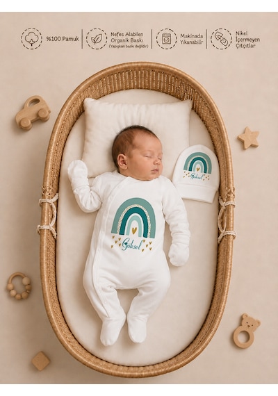 Pia Baby Erkek Bebek Hastane Çıkışı 4 Lü Tulum Seti %100 Pamuk Kişiye Özel İsim Baskılı Battaniyeli 1055btyx Krem
