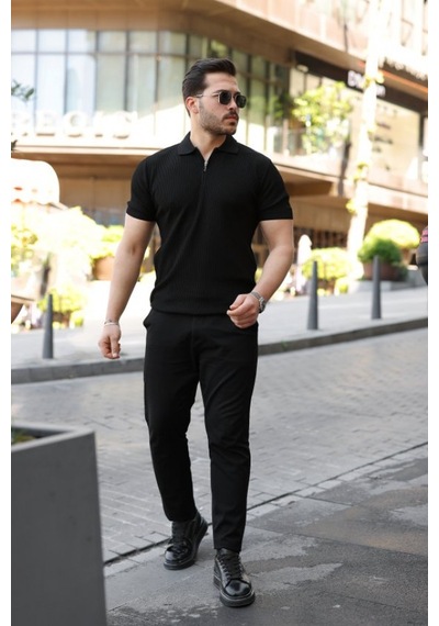 Efnaz Style Erkek Fermuarlı Yakalı Kısa Kollu Tshirt Siyah
