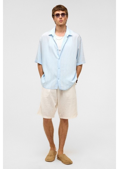 Vamos Oversize Çizgili Kısa Kollu Modal Kumaş Gömlek Bebe Mavi