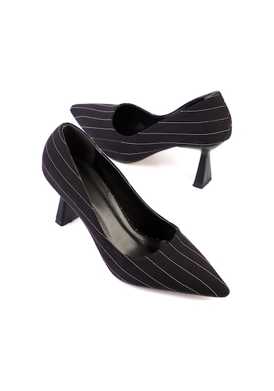 Shoetek Luana Kadın Stiletto Çizgili Kumaş Topuklu Ayakkabı Siyah Saten Siyah Saten