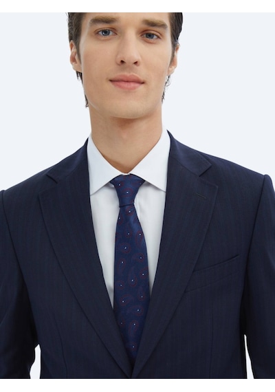 Kip Lacivert Çizgili Modern Fit Yün Karışımlı Takım Elbise Lacivert