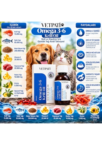 Vetpati Omega 3-6 Krill Oil Kedi Ve Köpekler İçin Sıvı Yağ Takviyesi 100 ML