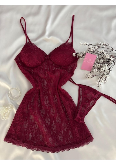 Mh Moony Homewears Siyah Beuty Dantel Kaplı Dantel Gecelik Tanga Siyah Gümüş