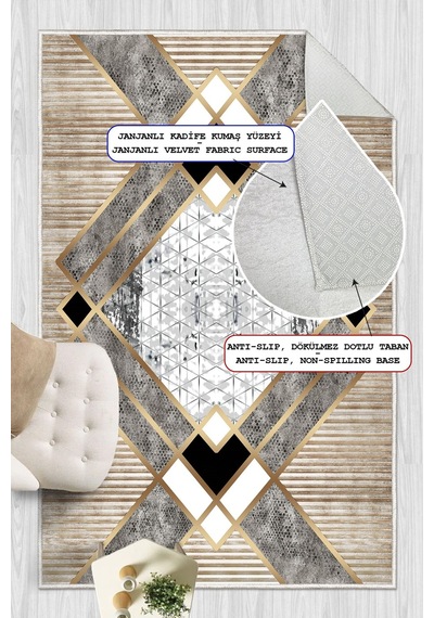 Geometrik Desenli Makinede Yıkanabilir Kaymaz Taban Oturma Odası Salon Halı Koridor Halı Altın