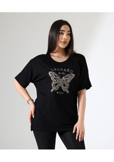Elaxi Leopar Kelebek Desenli Bluz Siyah