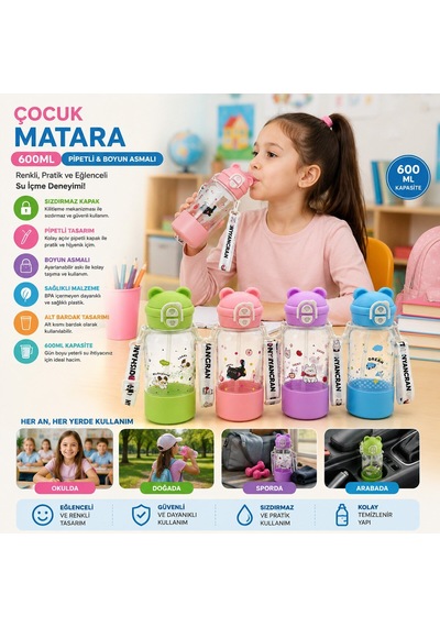 Yakut-14004 Çocuk Matara 600ml Suluk Renkli Plastik Pipetli Boyun Asmalı Altı Bardaklı Diğer