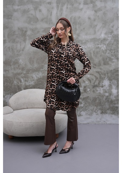 Polologin Butik Leopar Desenli Kahverengi Gömlek Tunik Siyah & Kahverengi