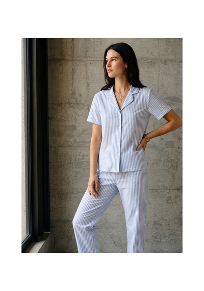 V Yaka Düğmeli Casual Mavi Pijama Takımı