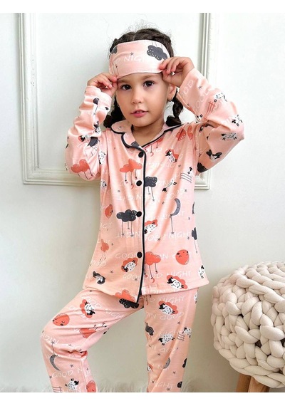 Kız Çocuk Kuzu Bulut Ay Figür Baskı Desenli Düğmeli Pijama Somon