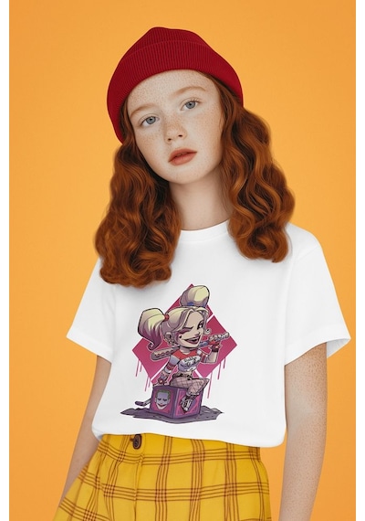 Sevbano Harley Quinn Joker Baskılı Unisex Film Karakteri Çocuk Tişört 1- Beyaz