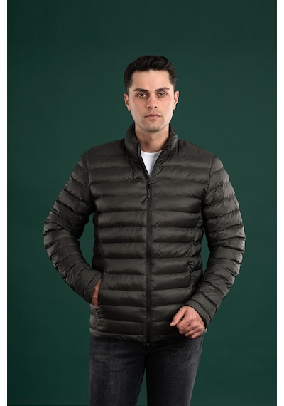 Fbı Slimfit Dik Yaka Fermuarlı Erkek İnce Şişme Puffer Mont Yeşil