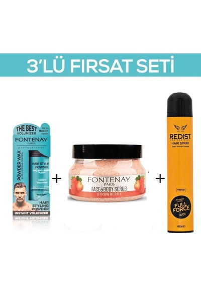 Fontenay Pudra Toz Wax Mavi 20gr + Face And Body Scrub Çilekli 350ml +saç Spreyi 400ml 2 3'lü Set