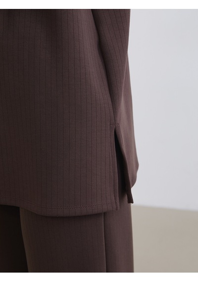Lcw Everyday Kahverengi Dik Yaka Çizgili Oversize Kadın Tişört