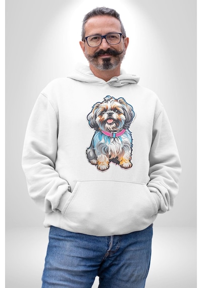 Shih Tzu Renkli Köpek Kadın Erkek Beyaz Kapüşonlu Sweatshirt Hoodie Beyaz