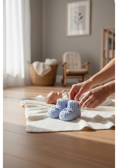 Balbeybi Örgü Triko Yenidoğan Bebek Patiği 0 6 Ay Unisex Ponponsuz Yumuşak Patik Mavi