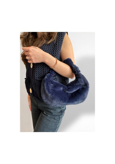 Plush Studıo Istanbul Puff Pouch Mini Kol Çantası, Tavşan Tüyü Peluş Çanta Lacivert Lacivert