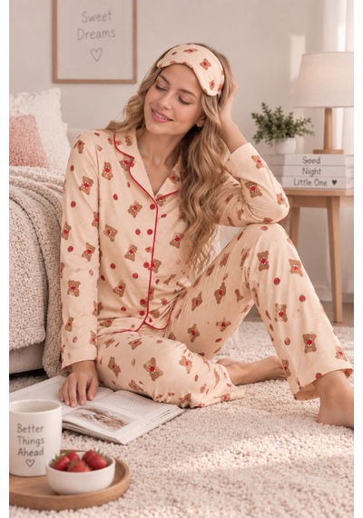 Free Beka Krem Ayıcık Desenli Biye Detaylı Kadın Uzun Kollu Pijama Takımı