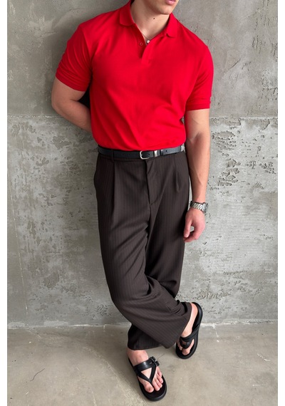 Erkek %100 Pamuk Düğmeli Polo Yaka T-shirt Kırmızı