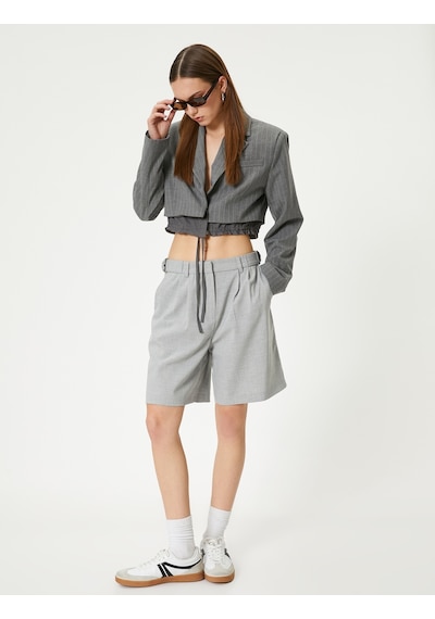 Koton Crop Blazer Ceket Bel Detaylı Bağlamalı Kruvaze Ters Yaka Gri Çizgili 4sal50012ıw Gri