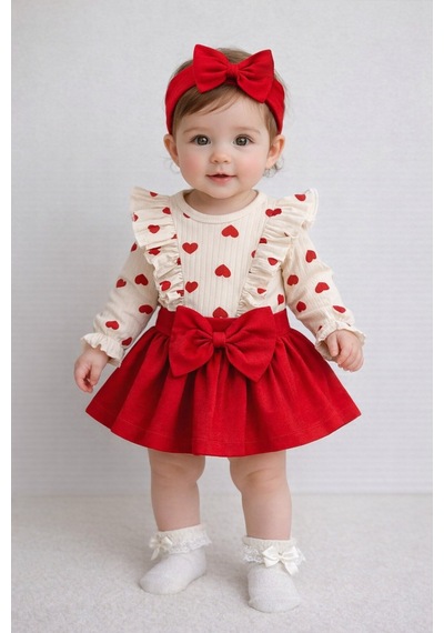 My Baby Kumsal Cayzen Fır Fır Detaylı Etekli Badi Ve Bandanalı 3 Lü Set 1096 Kırmızı Kırmızı