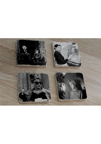 Charlie Chaplin Frida Kahlo Audrey Hepburn Marilyn Monroe Doğal Taş Bardak Altlığı 4'lü Set - Natural Stone Coasters - Taş Çok Renkli