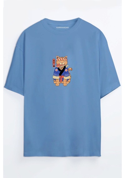Anime Kedi Baskılı Unisex Siyah Oversize T-shirt Mavi
