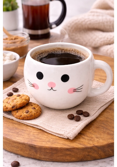Sevimli Kedi Tasarımlı Seramik Kupa Kahve & Latte Bardağı Dekoratif Hediye Kupa Beyaz