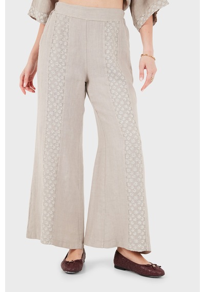 Via Dante % 100 Keten Relaxed Fit Brode İşlemeli Pantolon Bayan Pantolon 69912211 Vizon
