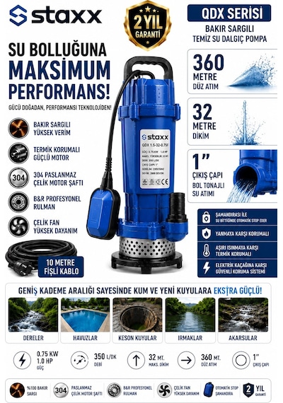 Staxx Qdx1hpm 1 Hp Bakır Sargılı Şamandıralı Temiz Su Dalgıç Pompa 36 Metre Basma 10 Metre Kablolu