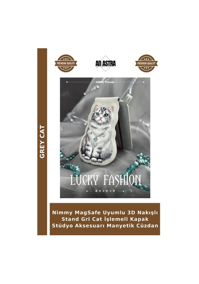 Nimmy Magsafe Uyumlu 3d Nakışlı Stand Gri Cat İşlemeli Kapak Stüdyo Aksesuarı Manyetik Cüzdan