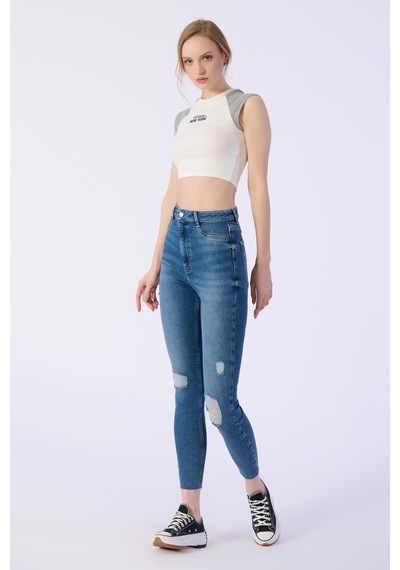 Skınny Cep Kapalı Dizler Lazerlı Paça Kesik Denim Pantolon-mavi Mavi