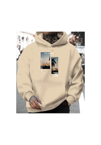 Herkesemoda The World Baskı Detaylı Kapüşonlu Sweatshırt Bej Bej