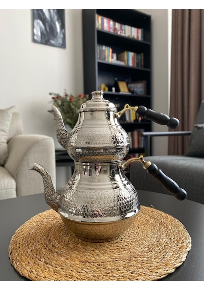 Gümüş Renkli Bakır Petek Desenli Çaydanlık Gümüş