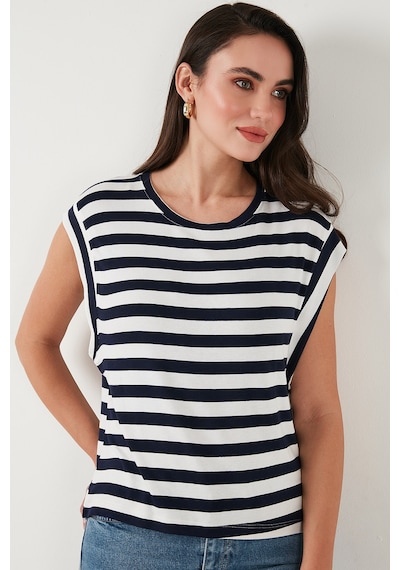 Lela Çizgili Oversize Fit Bisiklet Yaka Bayan T Shirt 5866103 Lacivert