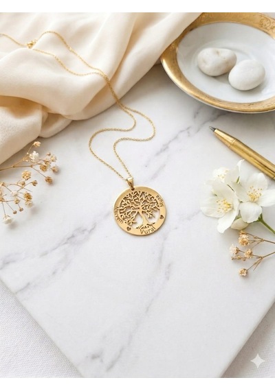 925 Ayar Gümüş Altın İşçilik Kişiye Özel İsimli Tuğba Hayat Ağacı Aile Kolye.rose.gold.rodaj