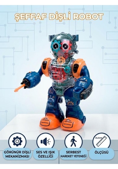 Şeffaf Dişli Mekanizmalı, Işıklı, Sesli, Hareketli Ve Ok Atan Eğitici Robot Oyuncak - 24.5 Cm