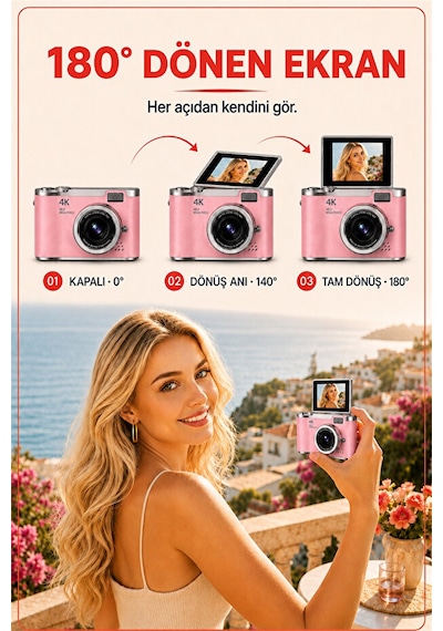Solvis 4k Dijital Retro Fotoğraf Makinesi 48mp 18x Zoom 180 Dönen Ekran Flaşlı 64gb Sd Kart  Selfie Vlog Kamera Pembe