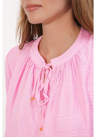 Hiccup Bdart Nakışlı Oversize Krep Bluz Parlak Pembe