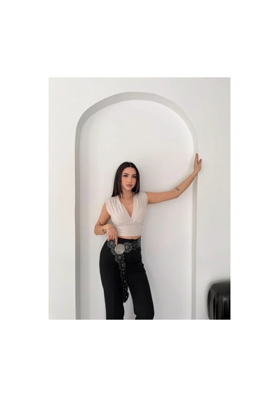 Butik İstanbul Vatkalı Kolsuz V Yaka Drapeli Crop Bluz Likralı Fit - Boyalı Gri