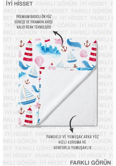 Denizci Marine Temalı Plaj Havlu Örtüsu - Mavi Pembe Nautical Hızlı Kuruyan Mikrofiber Havlu Örtü Kumlu Şeftali