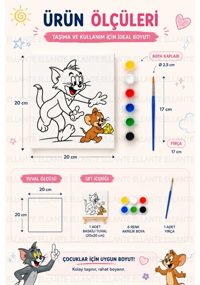 Tom & Jerry Baskılı Boyama Tuvali Seti 20x20 Cm 6 Renk Akrilik Boya + Fırça Dahil Çocuklar İçin