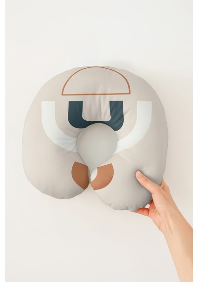 Soyut Geometrik Desenli Pamuklu Boyun Yastığı - Modern Minimalist Bej Antrasit Seyahat Yastığı Buzlu Ayışığı Kurşun