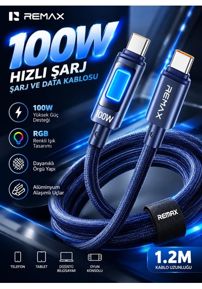 Remax Cb11-cc 100w Pd Type-c To Type-c 7 Renk Led Işıklı Örgülü Hızlı Şarj Ve Data Kablosu 1.2 Metre Lacivert