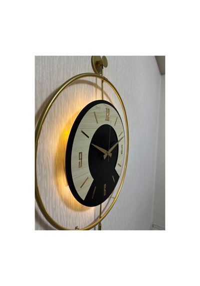 Pey Aksesuar 50x70 Cm Metal Ahşap Ve Işığın Muhteşem Uyumu Duvar Saati Dekoratif Ahşap-m54-gold-siyah-dikkat -akça-gold