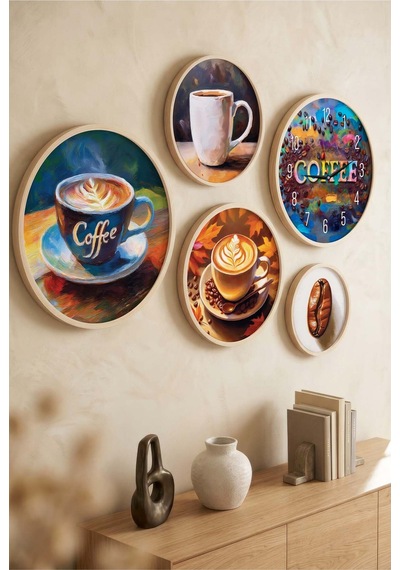 5 Parça Yuvarlak Ahşap Çerçeveli Coffee Yazılı Renkli Kahve Teması Tablo Ve Saat Seti