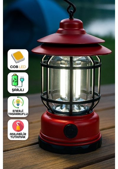 Led Şarjlı Kamp Lambası Işık Dimmer Ayarlı Askılı Portatif Işıldak El Feneri Gece Lamba Kırmızı Pr20 Kırmızı