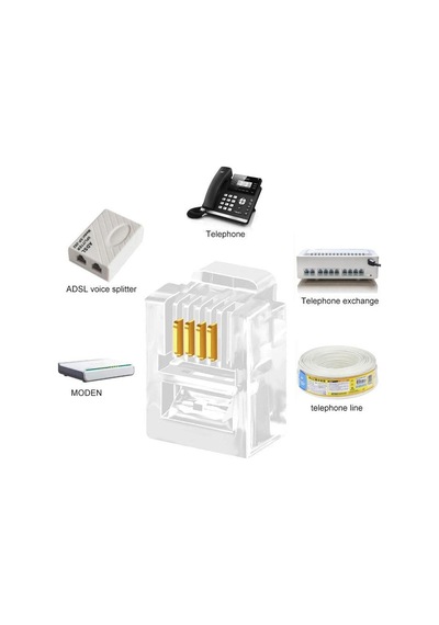 Primex Plus Px-6p4c Rj11-4lü 4 Pinli Konnektör, 100 Lü Paket 6p4c Telefon Jack, Rj11 Telefon Kablo Ucu, Modem Dsl Fax Santral Hat Kablosu Sonlandırma Konnektörü, Şeffaf Rj11 Plug