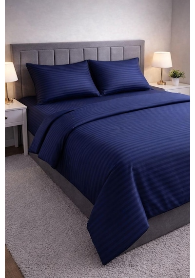 Wova Home Midnight Stripe Çift Kişilik Nevresim Takımı%90 Pamuk 83 Tel Saten Çizgili Lastikli Çarşaflı Lacivert Çok Renkli